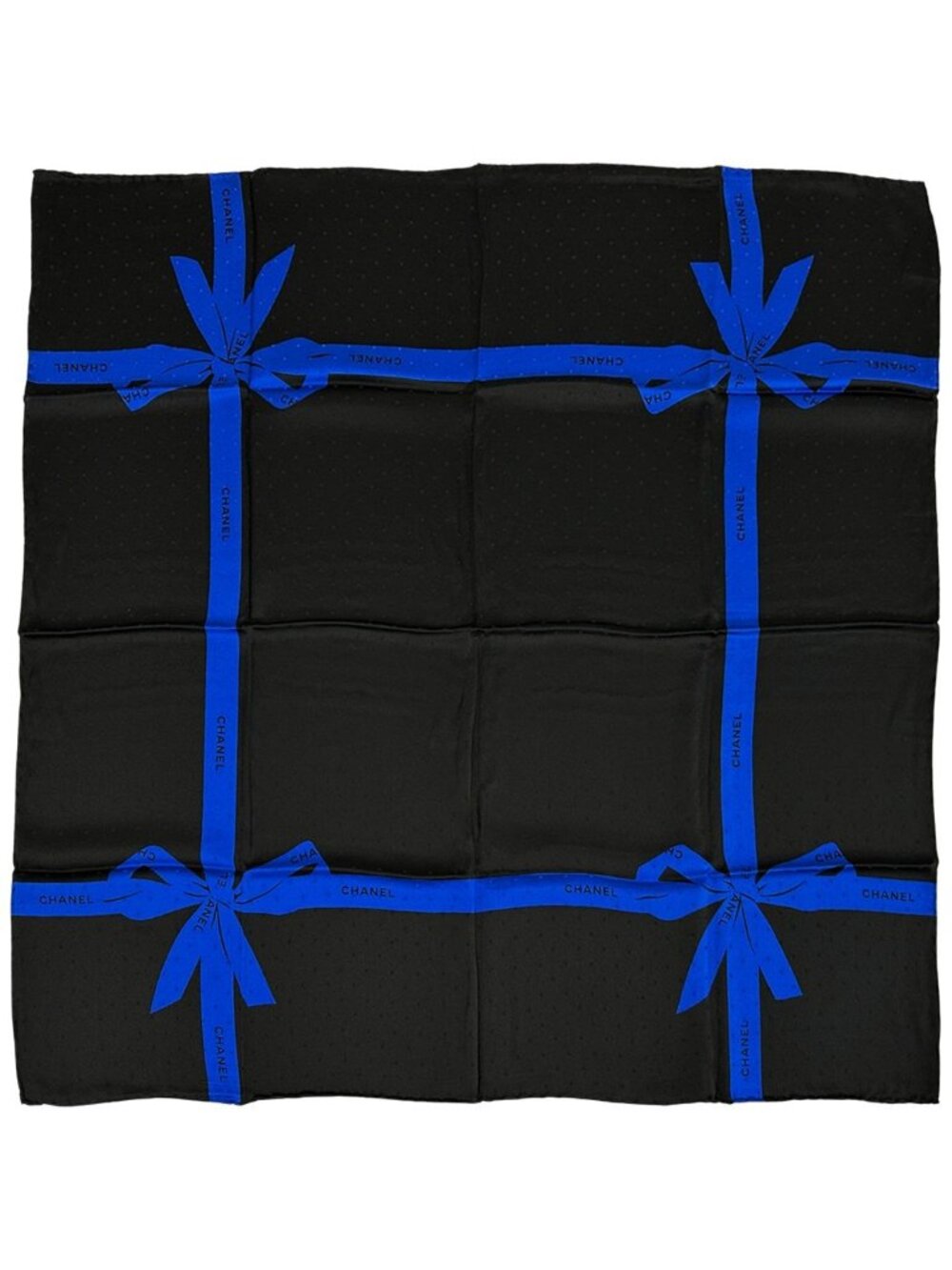 Chanel Scarf Silk Black Blue Ribbon Dot Logo Large